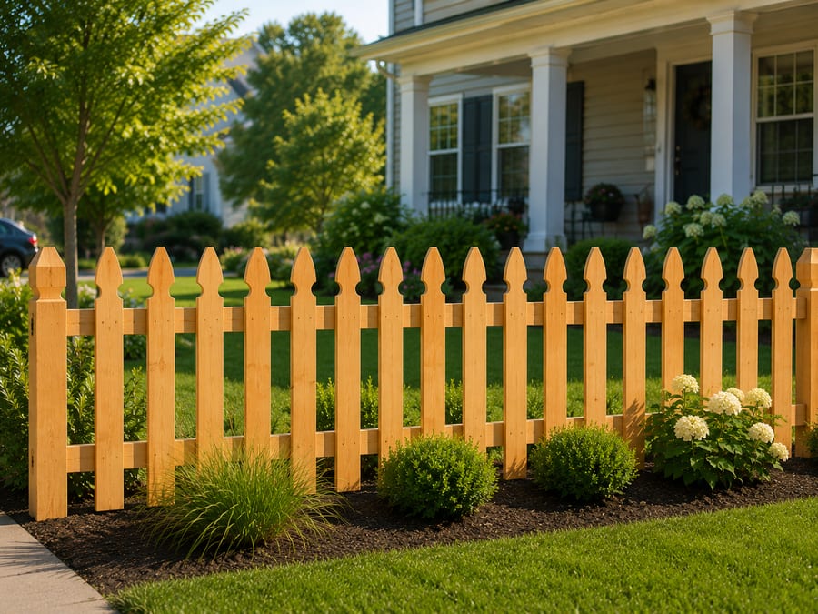 Wood picket fence — narrow pressure-treated pickets spaced for airflow and curb appeal