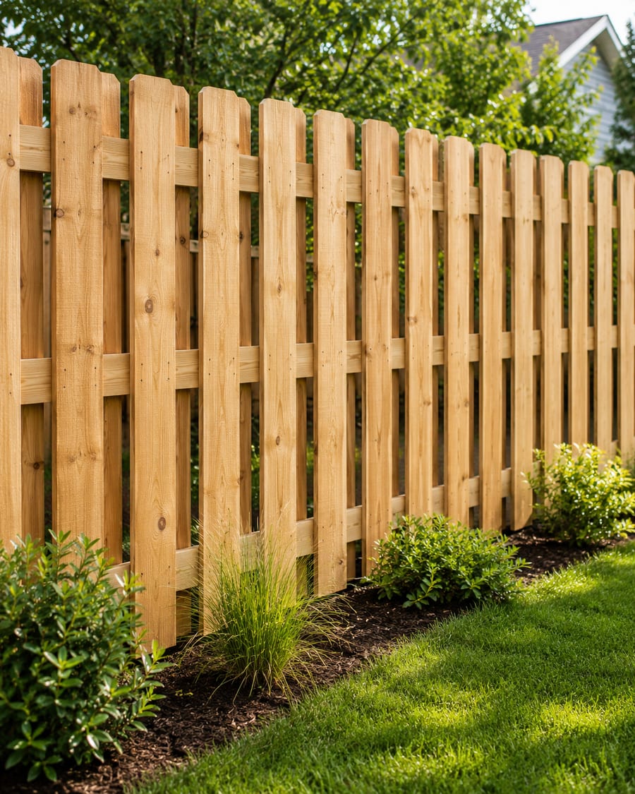 Wood shadow box fence — pickets alternated for a finished face on both sides